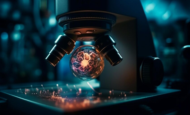 Close-up of microscope analyzing glowing biological specimen.