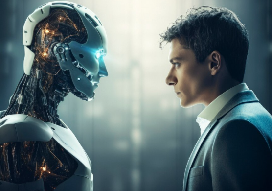 Human facing advanced humanoid robot in futuristic setting.