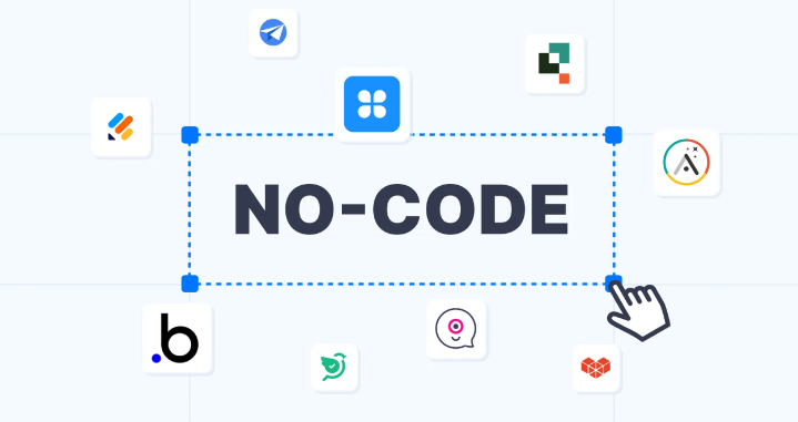 No-code development concept with platform logos and icons.