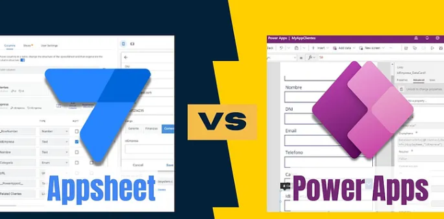 AppSheet versus Power Apps no-code platforms comparison graphic.