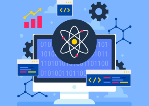 Computer screen with coding windows and atom technology icon.
