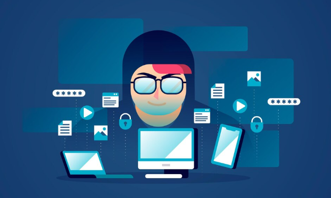 Illustration of hacker surrounded by digital security icons.