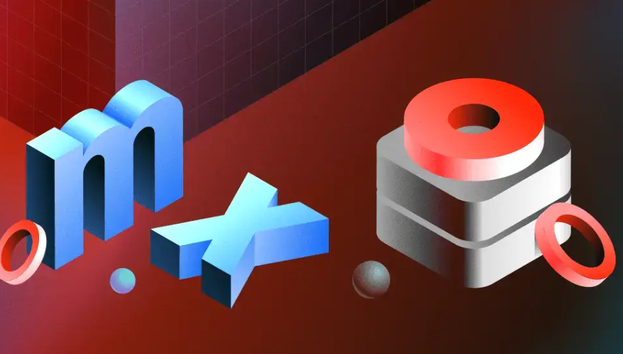 Abstract 3D design with letters, shapes, and gradients.