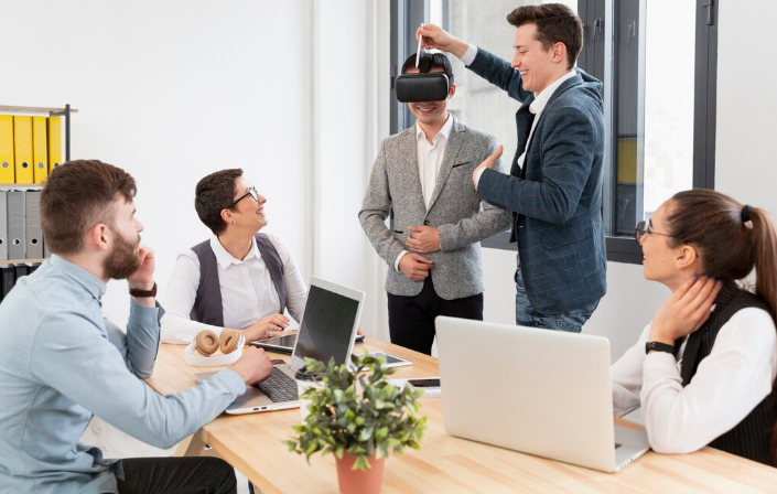 Team collaborating with virtual reality technology.