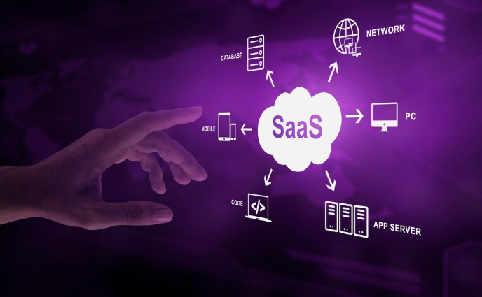 Hand reaching toward SaaS cloud with connected services.