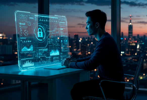 Person analyzing data on holographic screen.