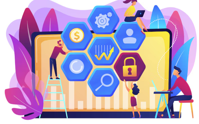 People building hexagon-based UI with icons like lock, search, and analytics.