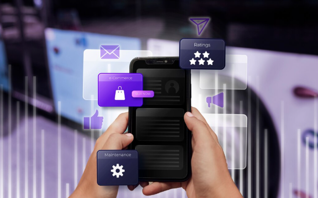 A mobile phone surrounded by floating UI elements like ratings, e-commerce, notifications, and maintenance tools, symbolizing business automation apps.