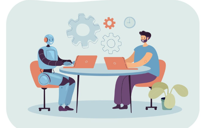 Illustration of a robot and a man sitting at a table, both using laptops, symbolizing human-AI collaboration.