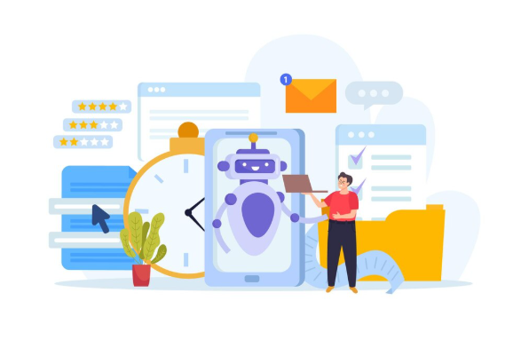 Cartoon illustration of a chatbot robot surrounded by icons like a clock, files, ratings, and email, representing AI-powered productivity tools.