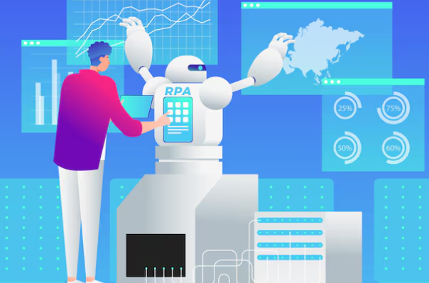 Illustration of a man interacting with a robot labeled RPA, with charts, graphs, and data dashboards in the background.