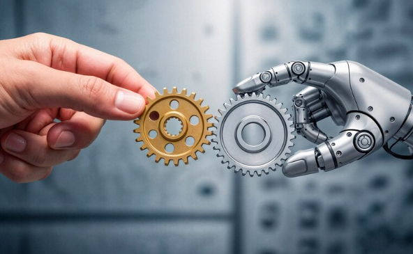 Close-up of a human hand and a robotic hand holding metal gears together, symbolizing automation and technology integration.