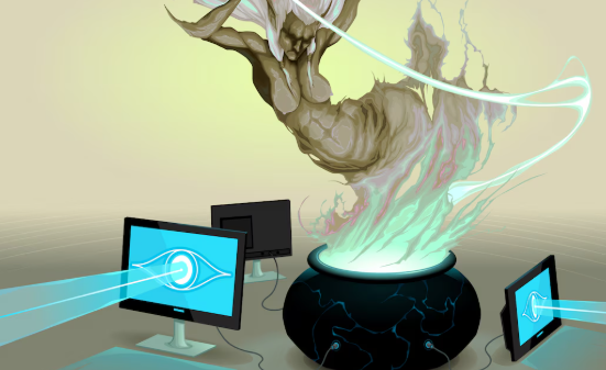 Abstract AI genie emerging from cauldron, computers connected with glowing data.