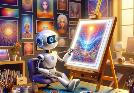 Friendly robot painting colorful artwork on easel in creative art studio.
