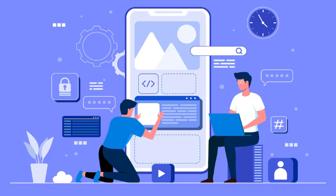 Two developers collaborating on large smartphone app interface design project.