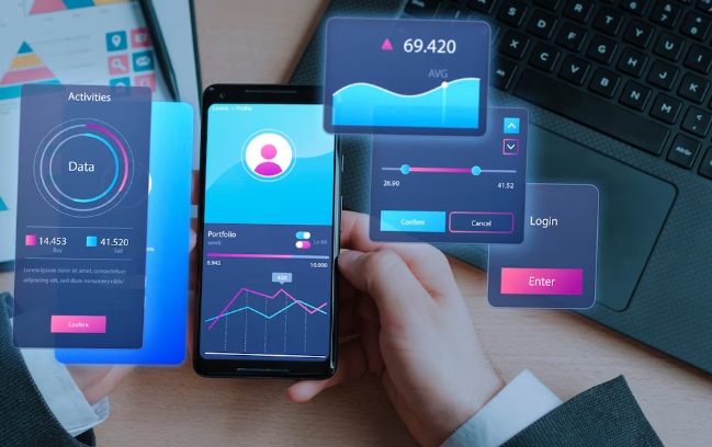 Hand holding smartphone with holographic financial dashboard and login interface.