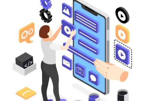 Developer designing mobile app interface using oversized floating UI elements.
