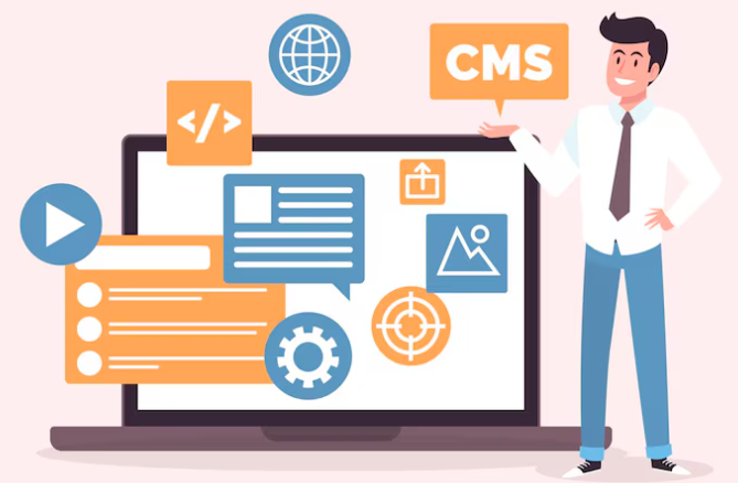 Smiling man presenting CMS features on laptop with digital content icons.