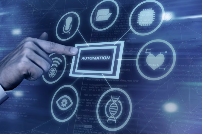 Hand pointing at automation button surrounded by futuristic technology icons.