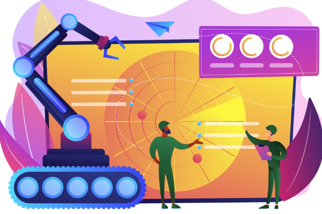 Two people interacting with robotic arm and large radar-style dashboard.