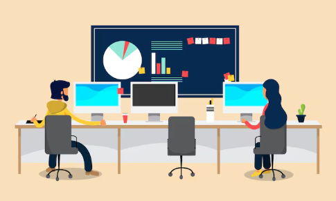 Two professionals analyzing pie charts and graphs on large office board.