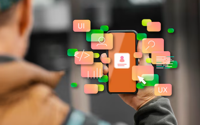 Person holding phone with floating UI and UX design icons.