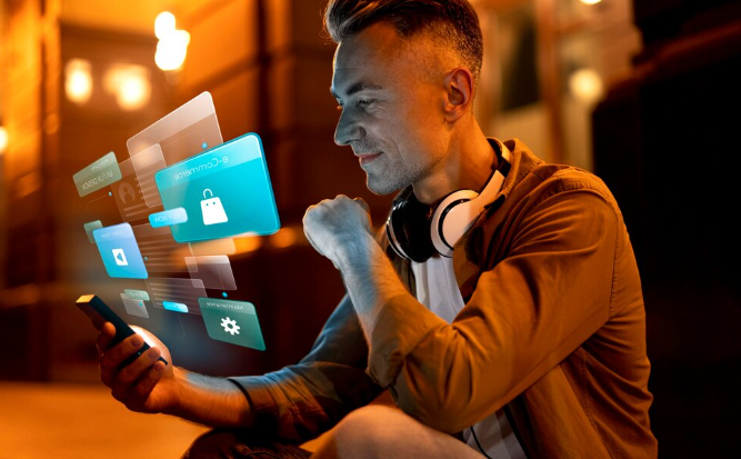 Man using smartphone with floating 3D e-commerce interface icons.