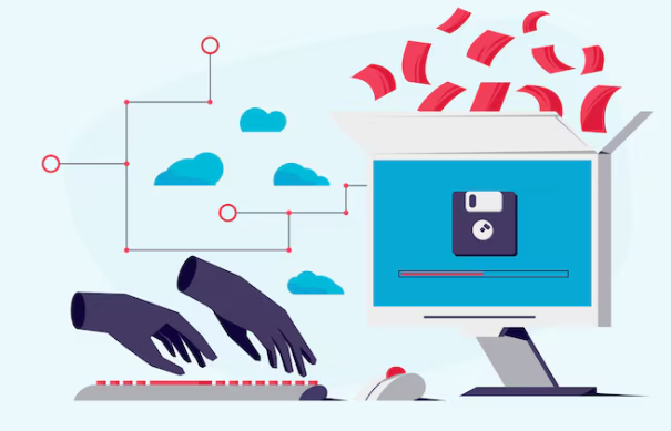 Digital illustration of hands typing with cloud data transfer concept.