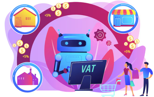 Robot managing VAT system with arrows, houses, shops, and people.