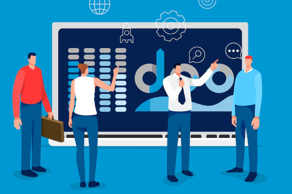 Business team analyzing data presentation on large digital display screen.