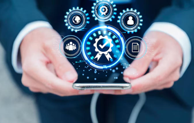 Man holding smartphone with glowing certification and technology icons.