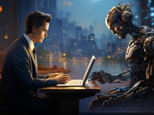Man working on laptop while humanoid robot observes beside him.