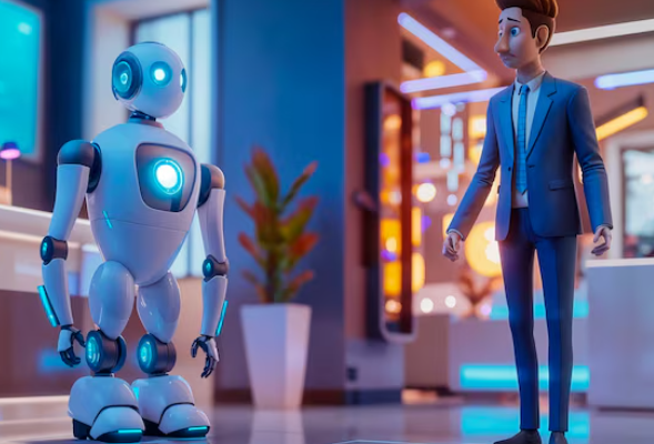 3D humanoid robot facing businessman in modern futuristic office setting.