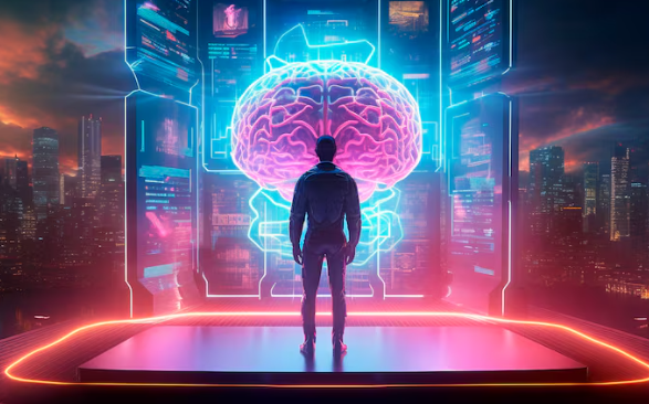 Man standing before giant digital brain hologram in futuristic city.