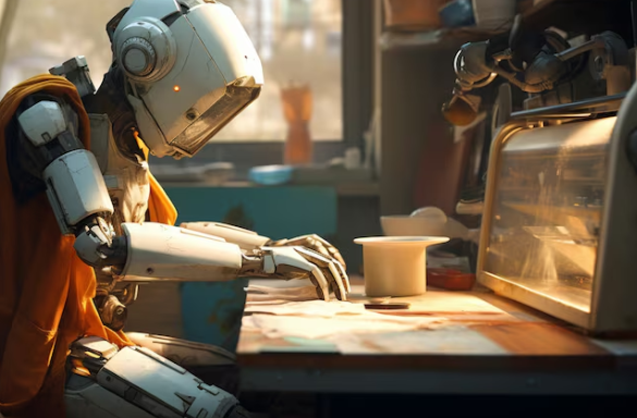 Robot sitting at table, appearing deep in thought in workshop.