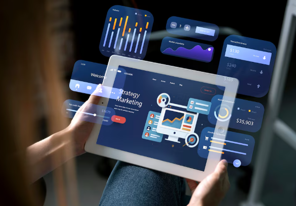 Woman analyzing digital marketing strategy dashboard on interactive tablet screen.