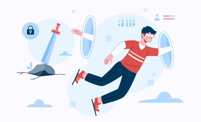 A man entering a portal in a gamified, futuristic environment.