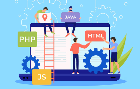 Developers working on code with PHP, JS, JAVA, and HTML labels around a laptop.