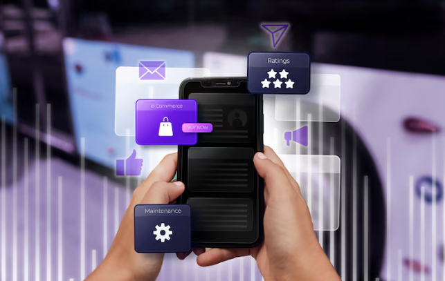 A smartphone showing floating icons for eCommerce, ratings, and maintenance.