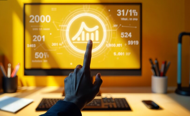 Hand pointing at yellow analytics dashboard with graphs, data, and metrics.