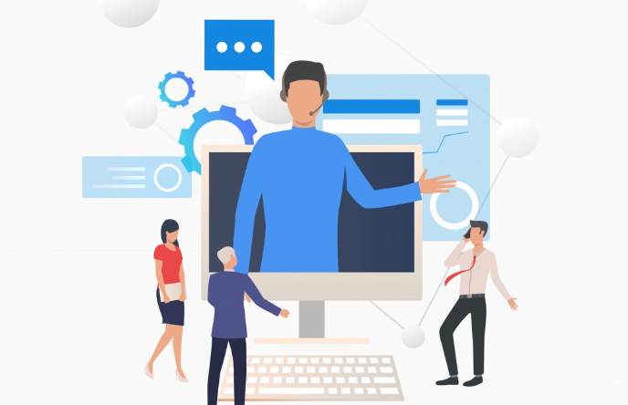 Illustration of people interacting with a large computer screen presentation.