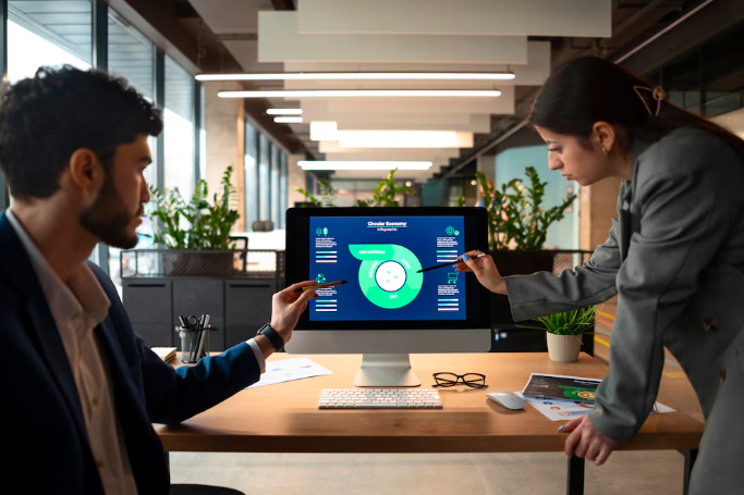 Two professionals discussing green circular diagram displayed on office monitor.