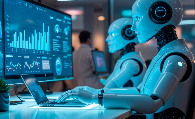 Robots analyzing financial data on laptops with futuristic digital screens.