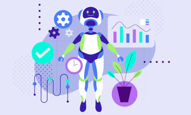 Futuristic robot surrounded by charts, gears, graphs, and technology icons.