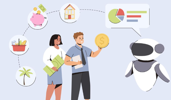 Robot advising couple on financial planning with charts and savings.