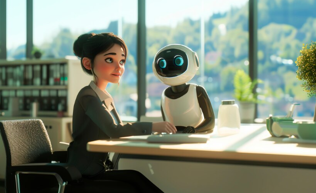 Animated woman collaborating with friendly robot assistant in bright office.