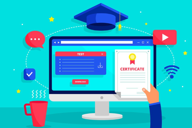 Online test and certificate illustration on computer screen with icons.