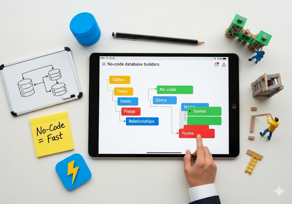 A hand pointing at a tablet screen displaying a no-code database flowchart.
