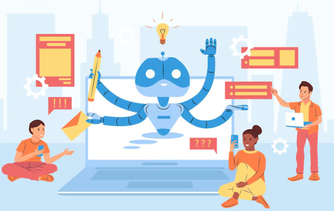 Robot with multiple arms assisting people with digital tasks.