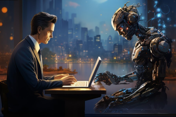 Man and futuristic robot collaborating on laptops at night.